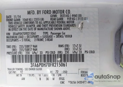 2015 Ford Fusion Se z USA, uszkodzony, nr VIN 3FA6P0H70FR215061